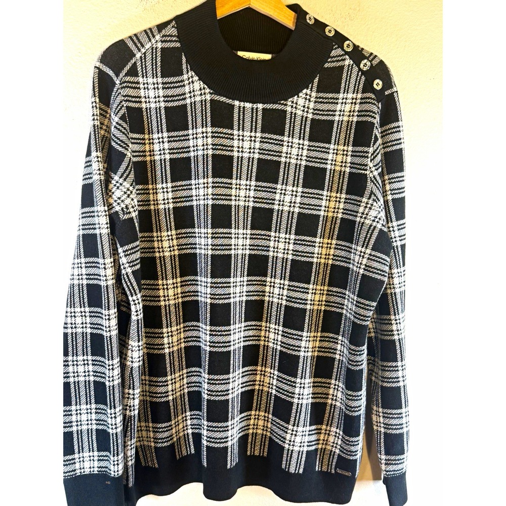Calvin Klein Women's XL Black White Plaid Knit Crewneck Pullover Button Shoulder